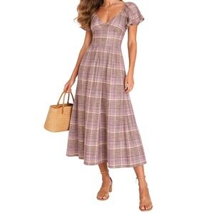 En Saison Charleigh Midi Dress Plaid Puff Sleeve Tie Back Brown Lavender Size M